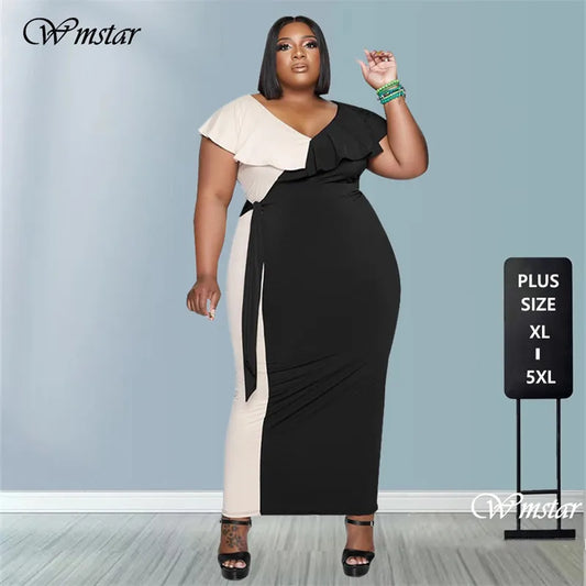 Wmstar Plus Size Women Dresses Summer patchwork Sexy Bodycon Stretch Solid v neck Maxi office lady Dress Wholesale  Dropshipping