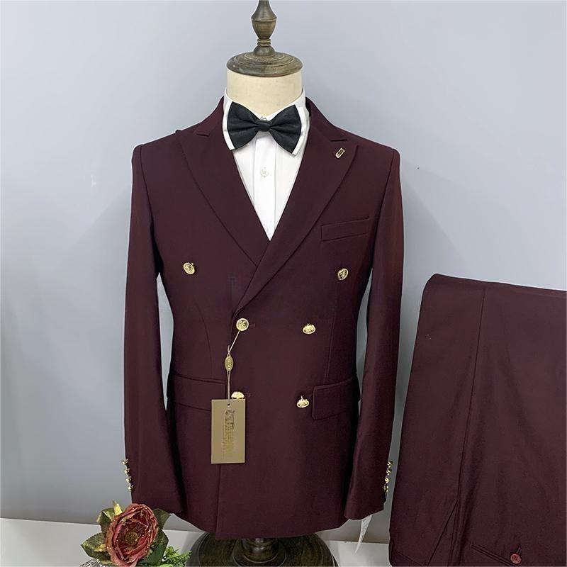 2023 Formal Business 2 Pieces Mens Suit Brown Tuxedos Double-breasted  Metal Jacket for Wedding Groom(Blazer+Pants)