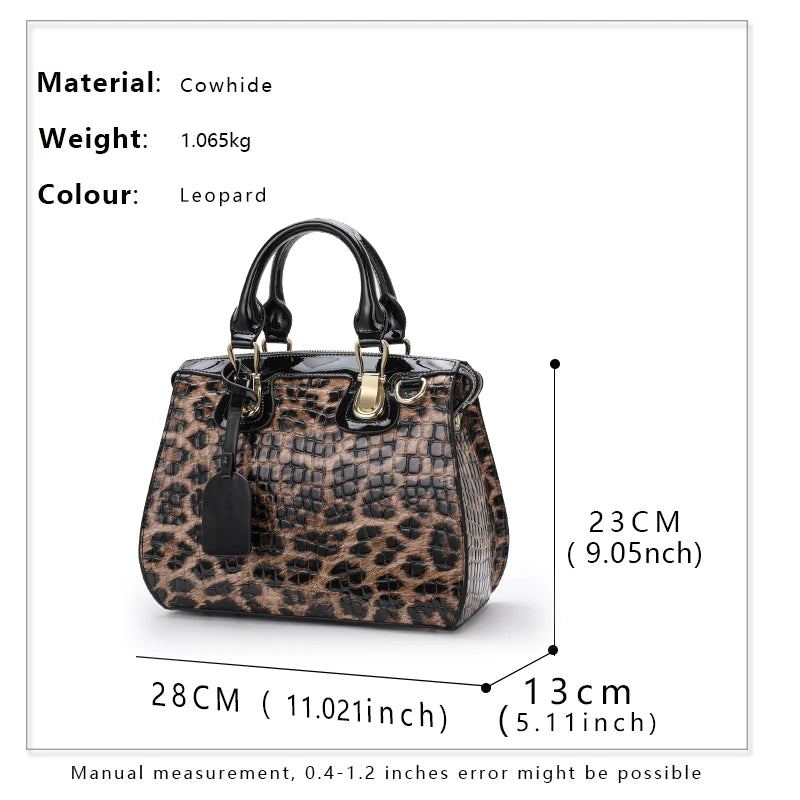 2023 New Women's Pure Cowhide Bag Portable Shoulder Shoulder Three Purpose Hard Bag Leopard Print Women's Bag