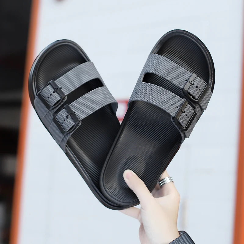 Leather Suede Sole Men Cork Slippers Summer Casual Double Buckle Non-slip Clogs Slides Women Slip on Flip Flop Men Shoes Unisex