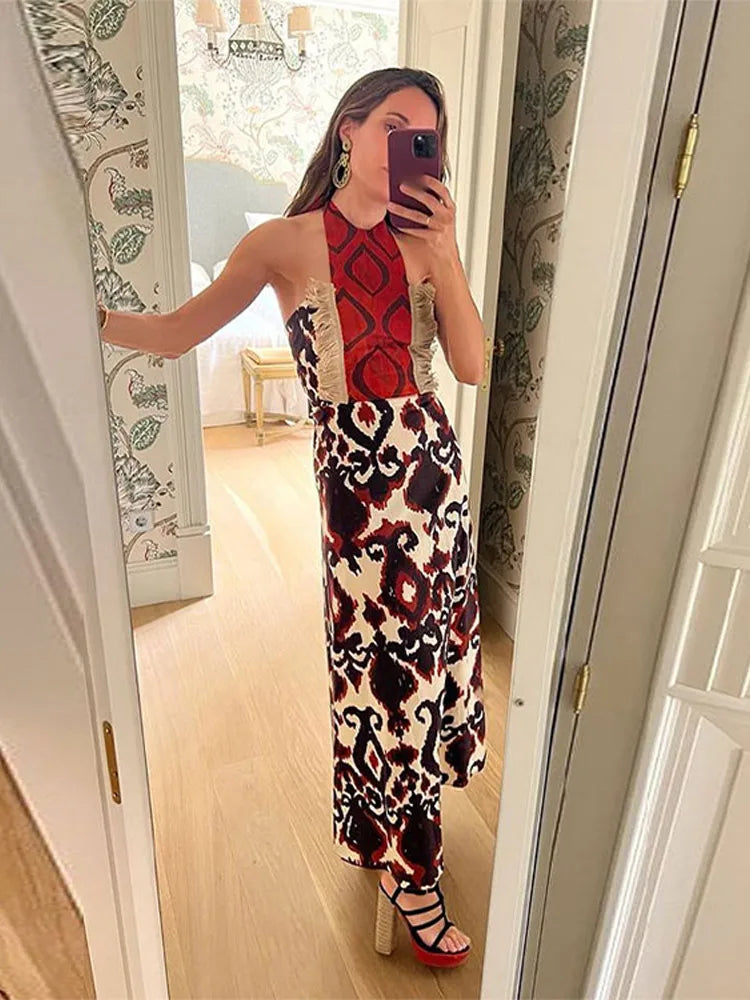 Halter Printed Tassel Splicing Maxi Dress For Women Sexy Off Shoulder Backless Sleeveless Vestidos 2024 Summer Slim Street Robes