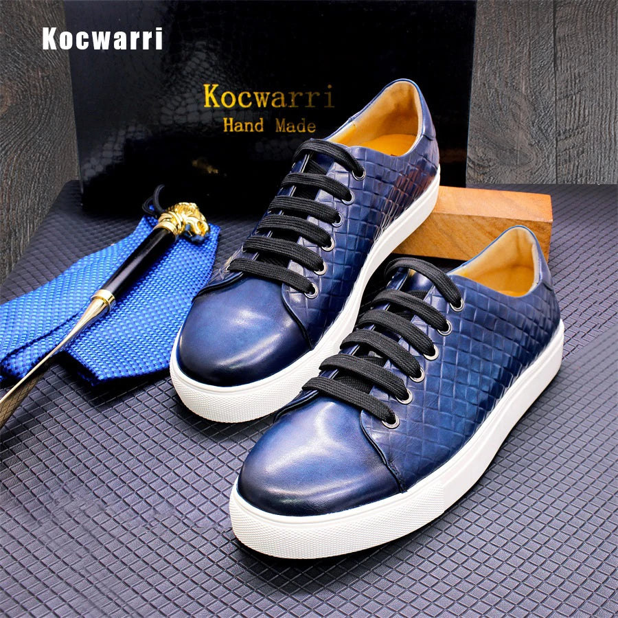 Men's Genuine Leather Shoes Comfortable Casual Fish Pattern Flat Shoes Lace Up Dating Office Fashion Banquet Men's Shoes