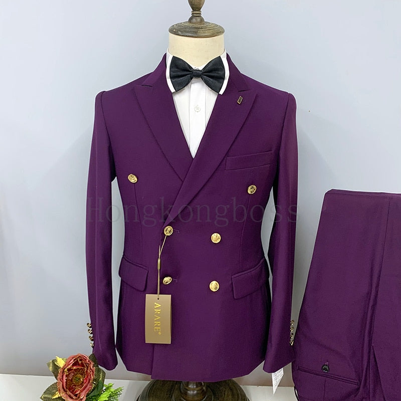 2023 Formal Business 2 Pieces Mens Suit Brown Tuxedos Double-breasted  Metal Jacket for Wedding Groom(Blazer+Pants)