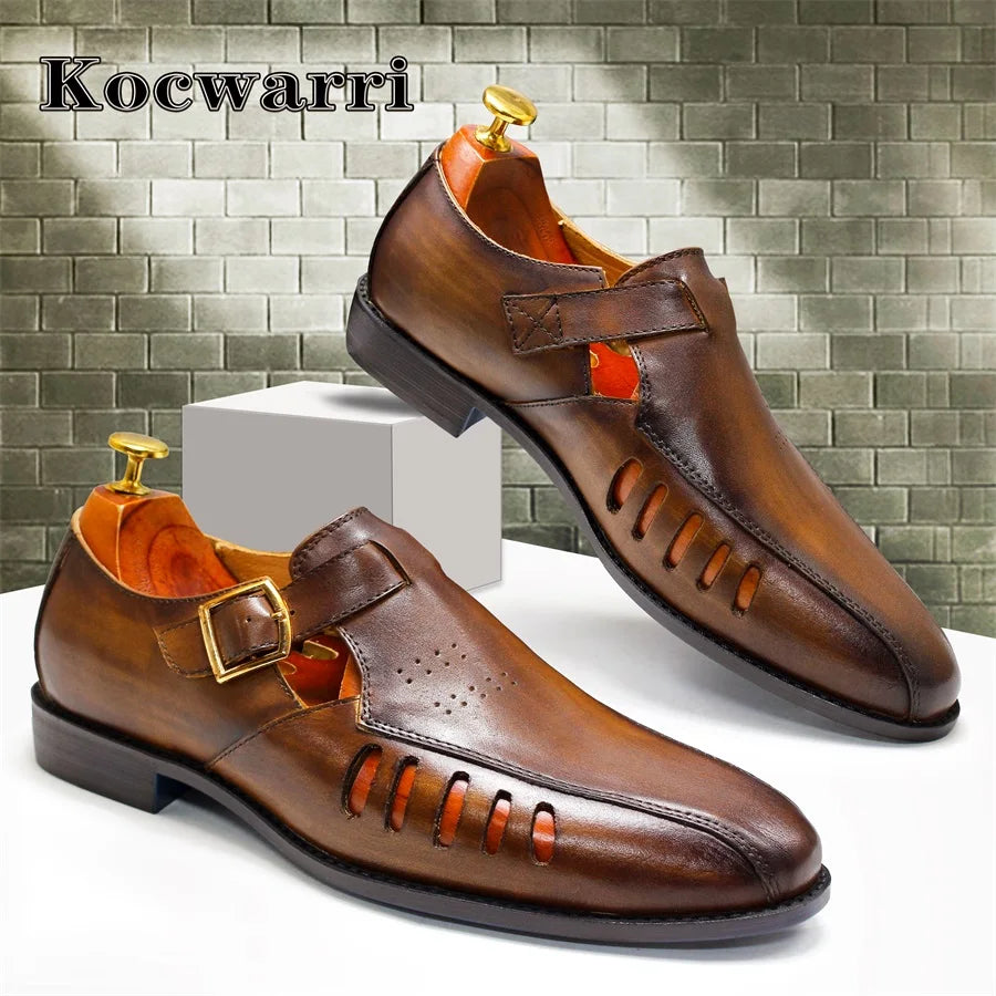 Men's Leather Sandals Smooth Hollow Breathable Dress Shoes Casual Metal Button Pointed Toe Sandals Office Men's Leather Shoes