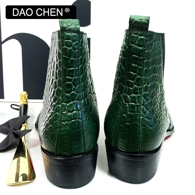 LUXURY BRAND MEN'S BOOTS GREEN BLACK CROCODILE PRINT ANKLE BOOTS CASUAL DRESS MEN SHOES OFFICE WEDDING LEATHER BOOTS MEN