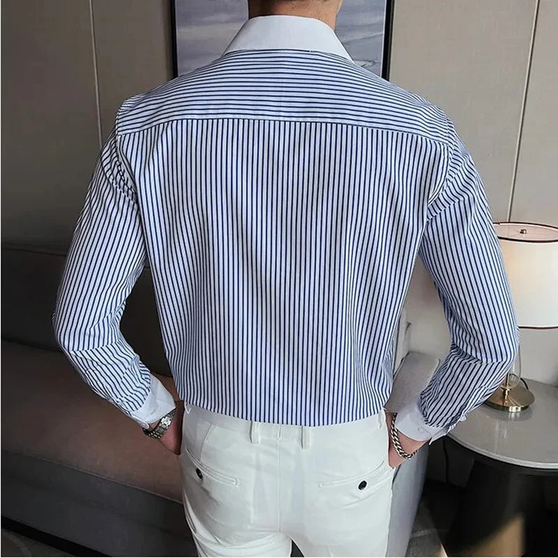 Men Clothing Slim Fit Business Formal Wear Men's Social Shirt Dress Tuxedo Stripe New Solid Long Sleeve Shirts Plus Size 4XL-M