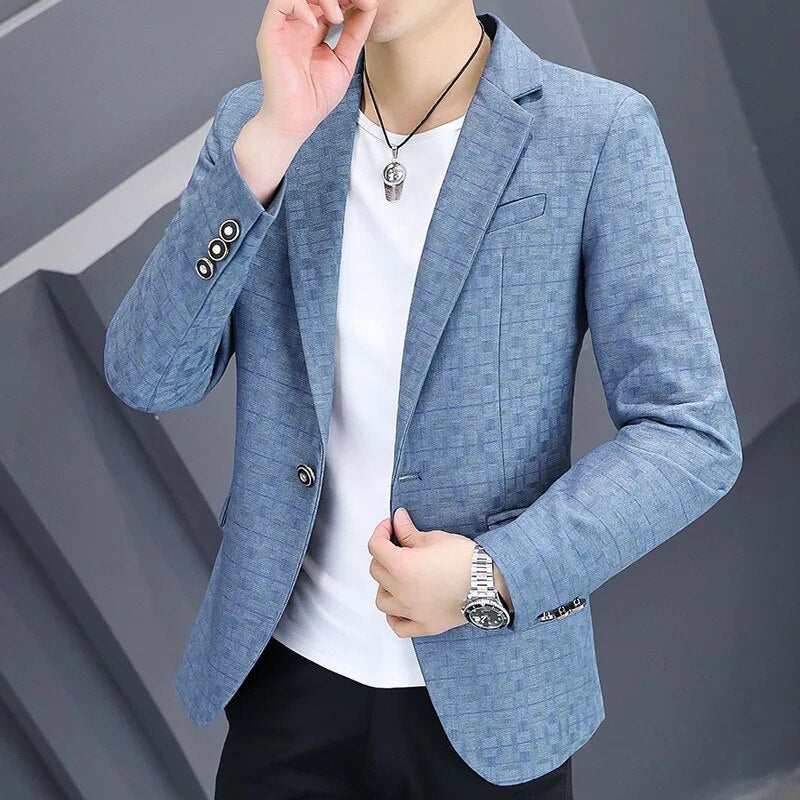 HOO 2023 Men's New Autumn Plaid blazer  Youth Slim Fit Leisure   blazer