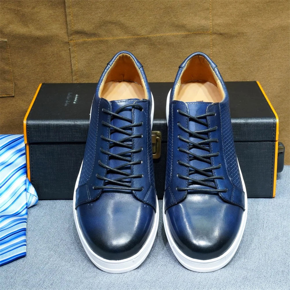 Fashion Mens Casual Shoes for Office Company Cowhide Genuine Leather Lace-up Blue Black Brown Sneakers Flat Derby Footwear Male