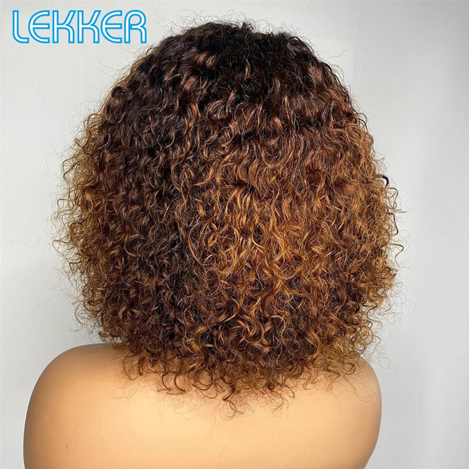 Lekker Colored Short Afro Kinky Curly Bob Human Hair Bangs Wig For Women Brazilian Remy Hair Ombre Brown Loose Deep Wavy Wigs