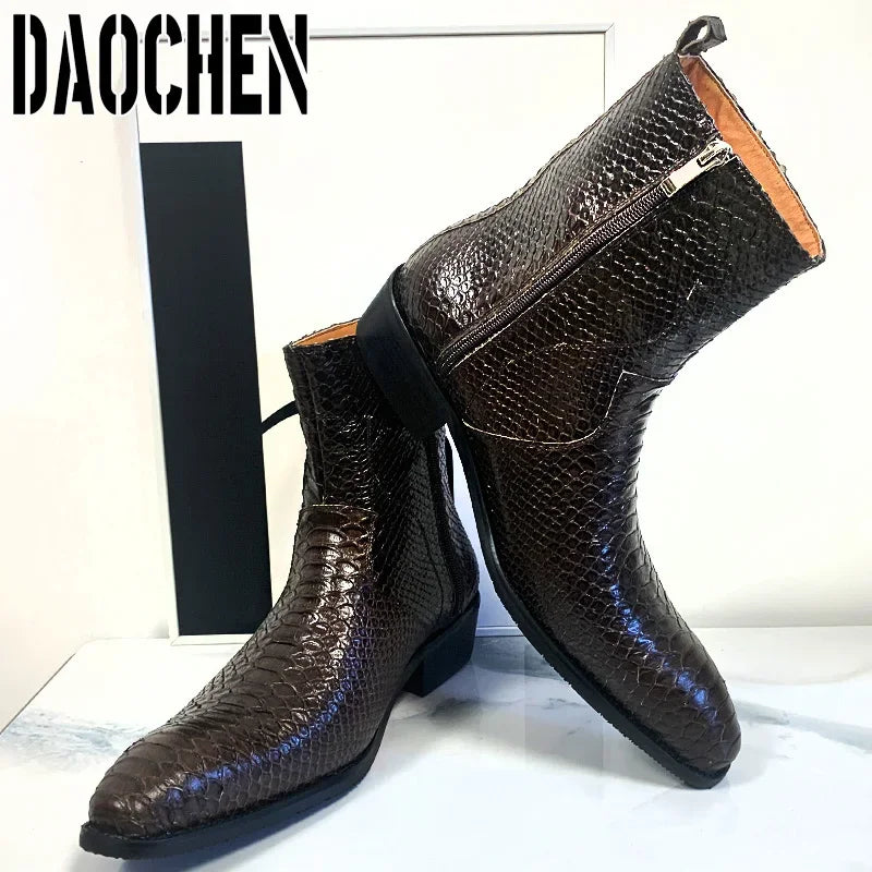 Luxury Men Mid-Calf Boots High Grade Python Print Shoes Casual Mens Dress Boots Winter Leather Chelsea Boots Shoes Men