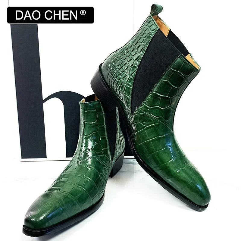 LUXURY BRAND MEN'S BOOTS GREEN BLACK CROCODILE PRINT ANKLE BOOTS CASUAL DRESS MEN SHOES OFFICE WEDDING LEATHER BOOTS MEN