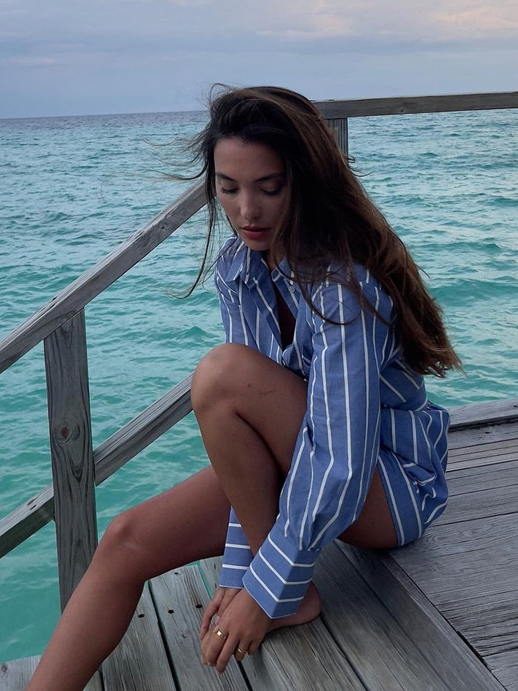 Cotton Striped Blue Shirts Shorts 2 Piece Sets Women Outfit Casual Long Sleeve Button Blouse Zipper Shorts Sets Suit Fashion