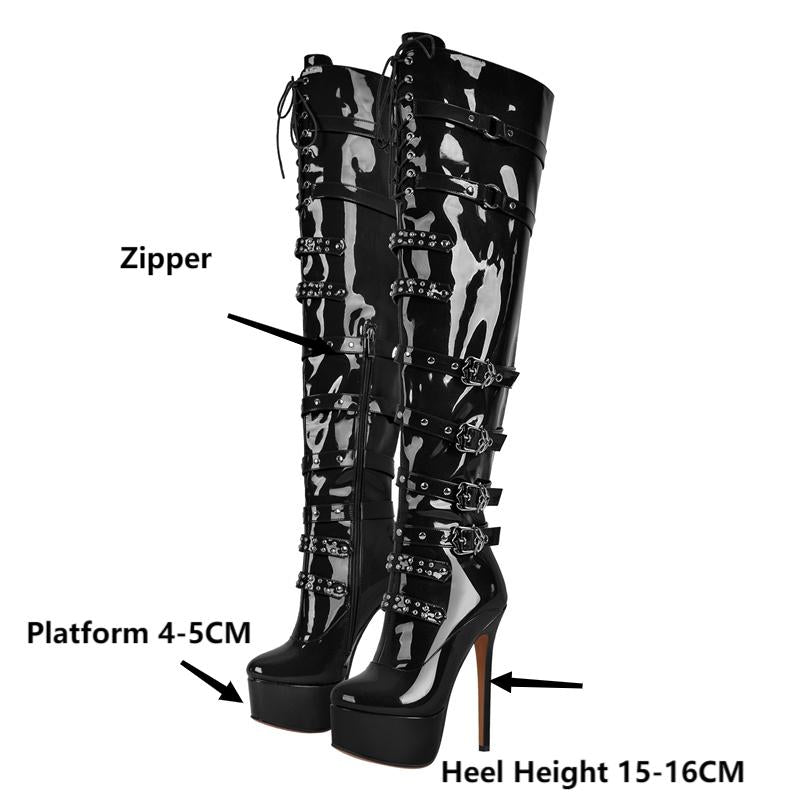 Onlymaker Women Platform Over The Knee Thin High Boots Black Patent Leather Side Zipper Sexy Handmade Stiletto Female Boots