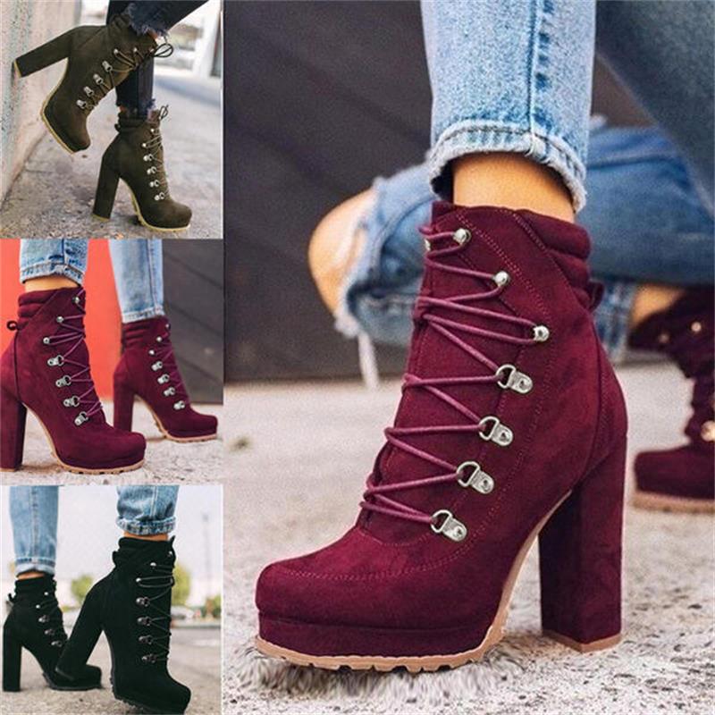 Women's Ankle Boots and High Heels Platform Women's Lace Up Women's Shoe Buckle Women's Short Boots New Plus Size 35-43