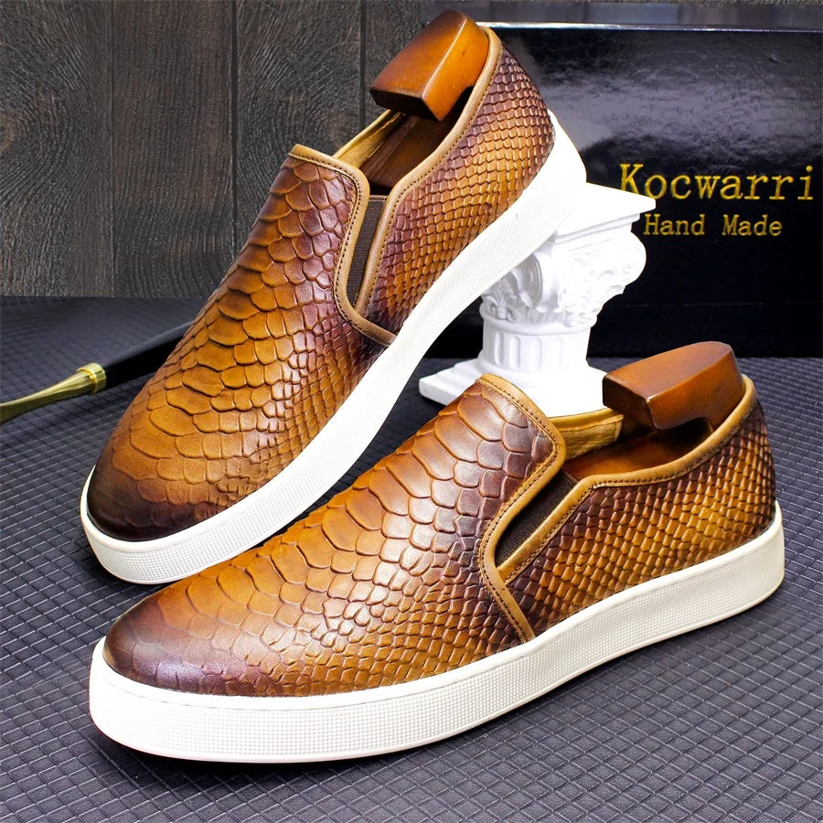 High-end Leather Men's Shoes Comfortable Flat Casual Shoes Fish Snake Pattern Slip-on Handmade Shoes Office Banquet Men's Shoes