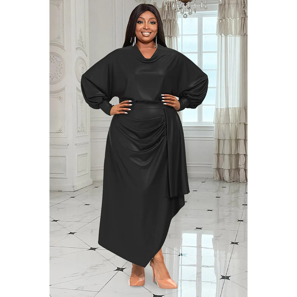 Plus Size Daily Dress Brown V Neck Long Sleeve Irregular Satin Maxi Dress