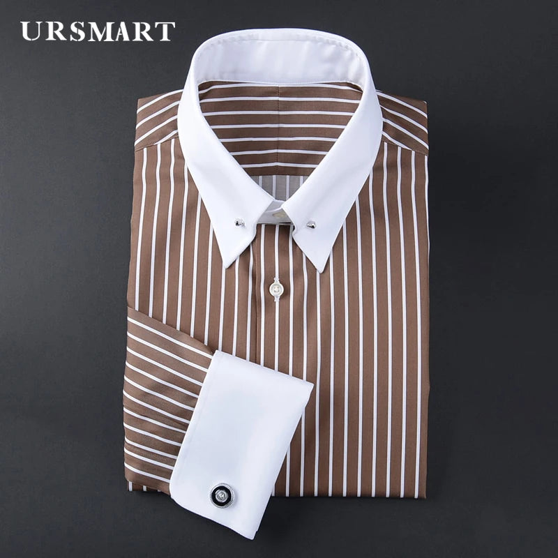 men's empire collar long sleeve French shirt slim-fit business trend  striped shirt men