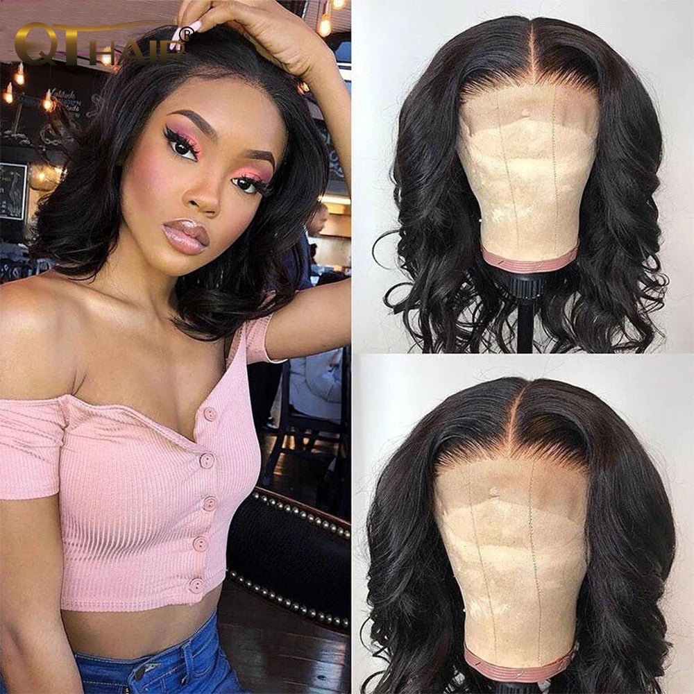 QT HAIR Blunt Cut Bob Wig Brazilian Lace Closure Human Hair Wigs Body Wave Bob Wig For Women Remy T Part Bob Wigs With Baby Hair