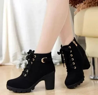 Winter  High Heeled Women Boots Cross Straps Short Boots Comfortable Waterproof Boots Warm Plus Size 42 Botas Femininas