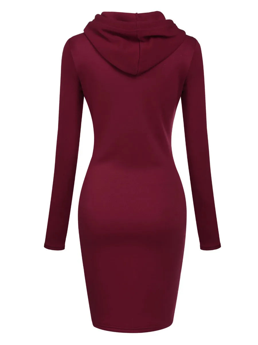 LW BASICS Casual Women Kangaroo Pocket Solid Sweat Dress Hooded Collar Long Sleeve  Fall & Winter Mini Dresses