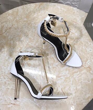 UVRCOS Runway Metal Chains T-strap High Heel Shoes Women Fashion Open Toe Stiletto Heels Summer Rome Style Sandals