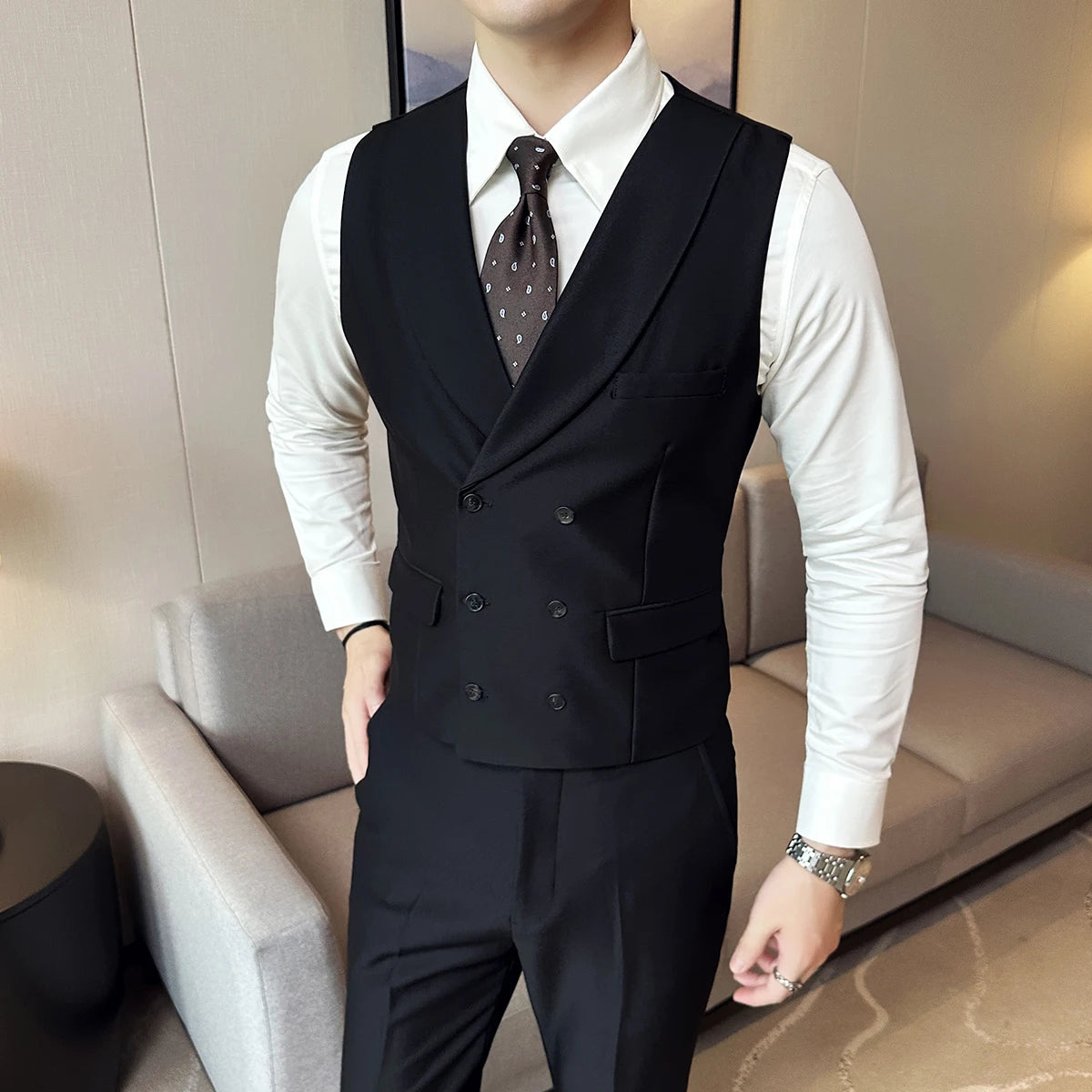 ( Vest + Pants) Men Luxury Double Breasted Design 2 pieces Formal Groom Wedding Dress Vest Set Fashion Mens Club Singer Clothing