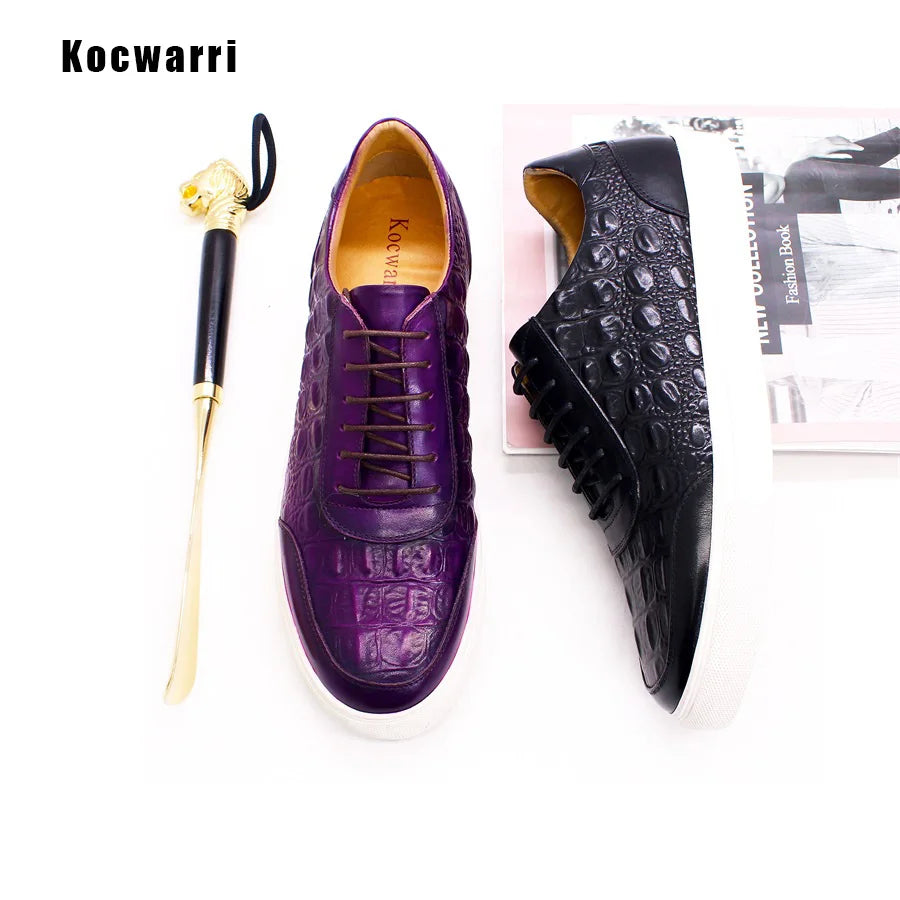 Men's Fashion Casual Leather Shoes Handmade Genuine Leather Crocodile Pattern Lace Up Non-slip Flats Dating Party Dress Shoes