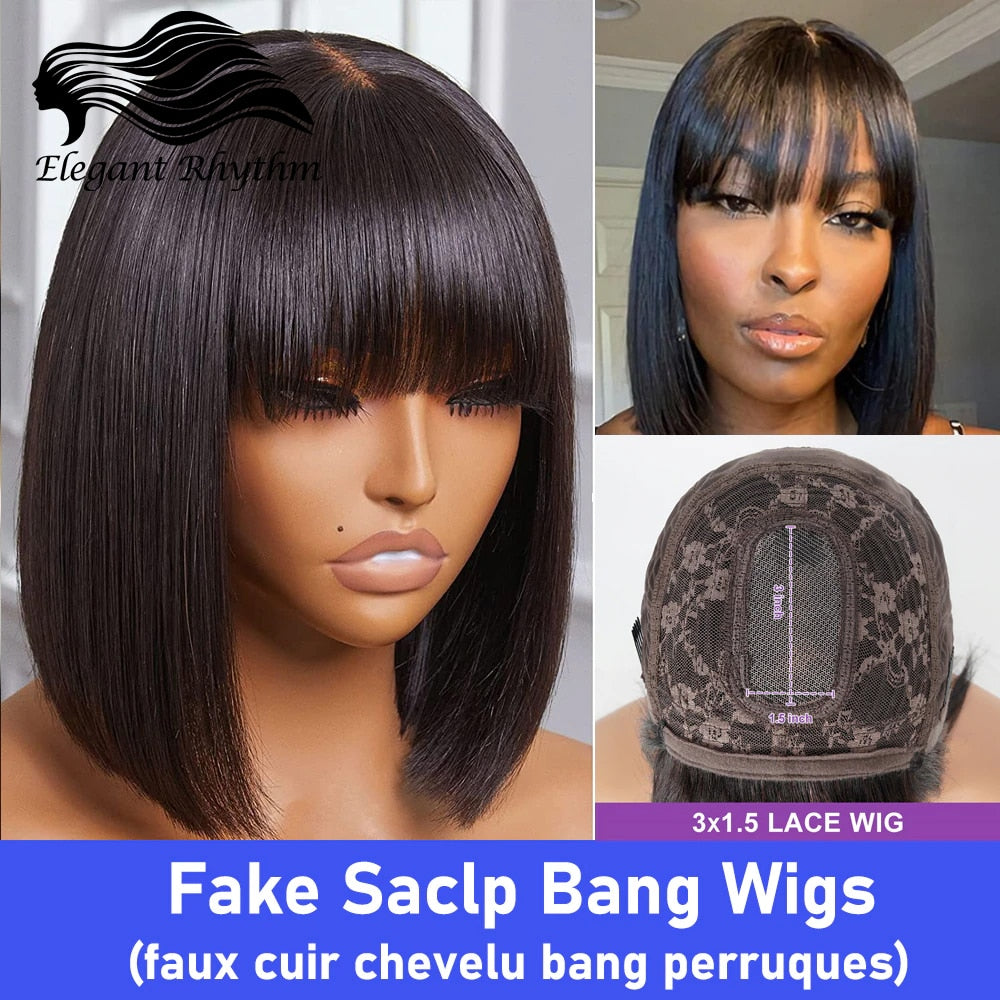 Straight Bob Human Hair Wigs With Bang Full Machine Made Wigs Brazilian Remy Human Hair Bob Wigs For Black Woman 10 12 inch