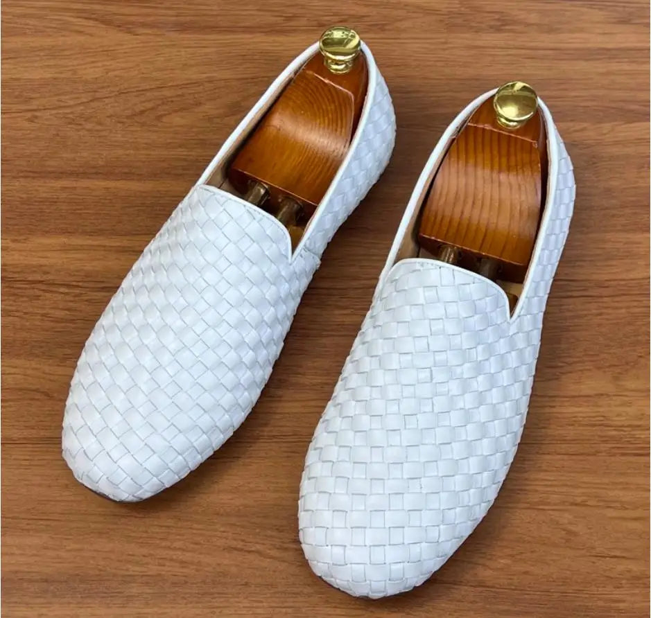 2023 New Arrives Men'S Casual Leather Shoes White Weave Loafers Rubber Sole Elegant Black Smoking Shoes Comfort Luxury Driving