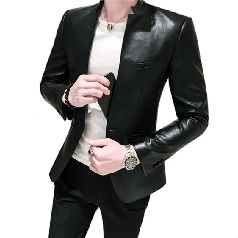 Men Suit Black Slim Fit Blazer Hombre PU Leather Jacket Male One Button Business Casual Prom Korean Suit Coat