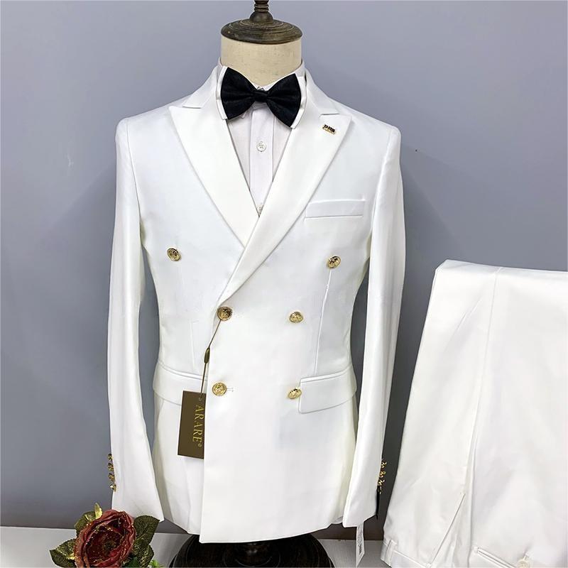 2023 Formal Business 2 Pieces Mens Suit Brown Tuxedos Double-breasted  Metal Jacket for Wedding Groom(Blazer+Pants)