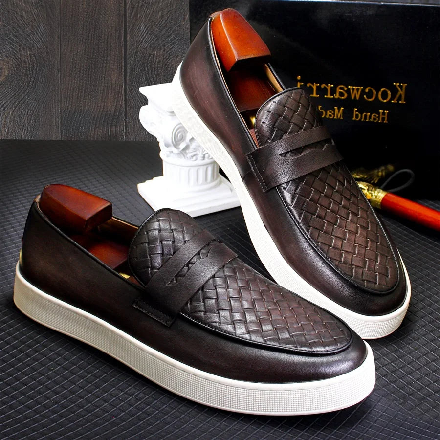 Men's  genuine leather casual shoes Comfortable handmade shoes Woven pattern flat shoes Party office men shoes  loafers