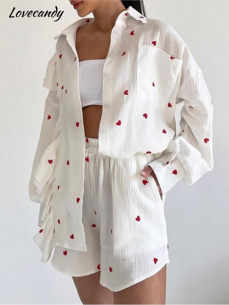 Cotton Women Tracksuit Shirt Shorts Two Piece Set Fashion Ruffle Love Long Sleeve Shorts Suit 2023 Summer Casual Female Outfits