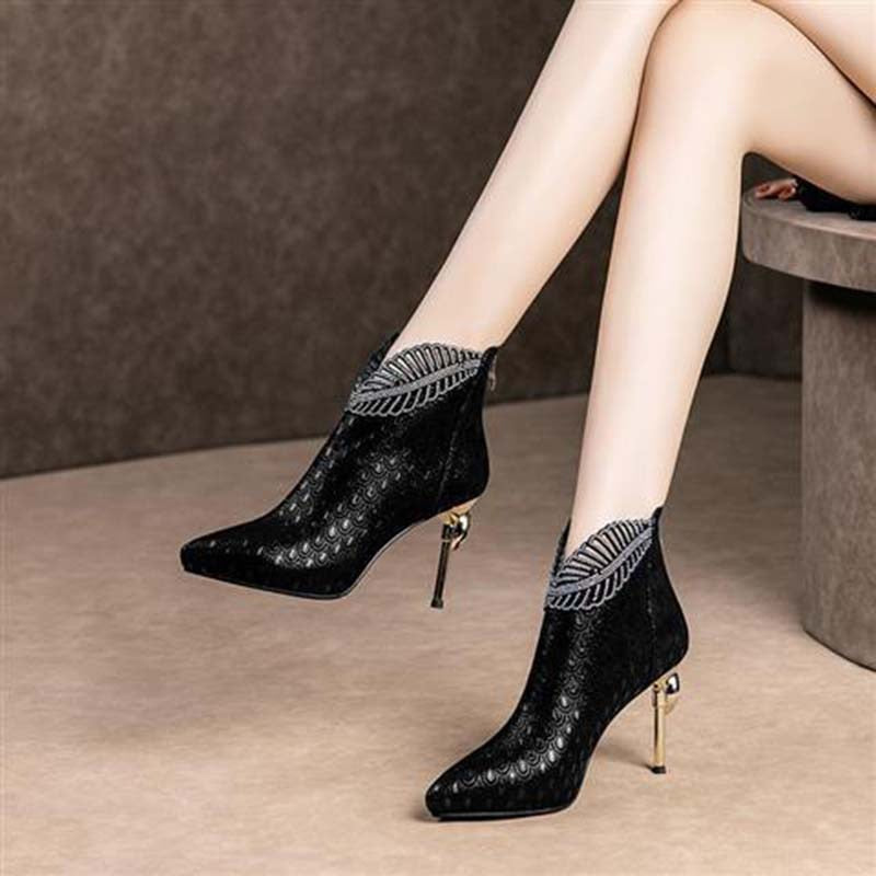 Peacock Pattern Embossed Leather Boot Women 2023 Spring Fashion Pointed Toe High Heels Woman Shiny Rhinestones Party Ankle Boots