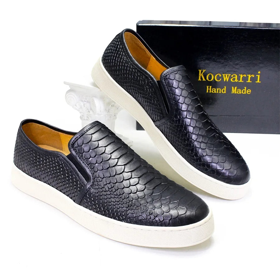 High-end Leather Men's Shoes Comfortable Flat Casual Shoes Fish Snake Pattern Slip-on Handmade Shoes Office Banquet Men's Shoes