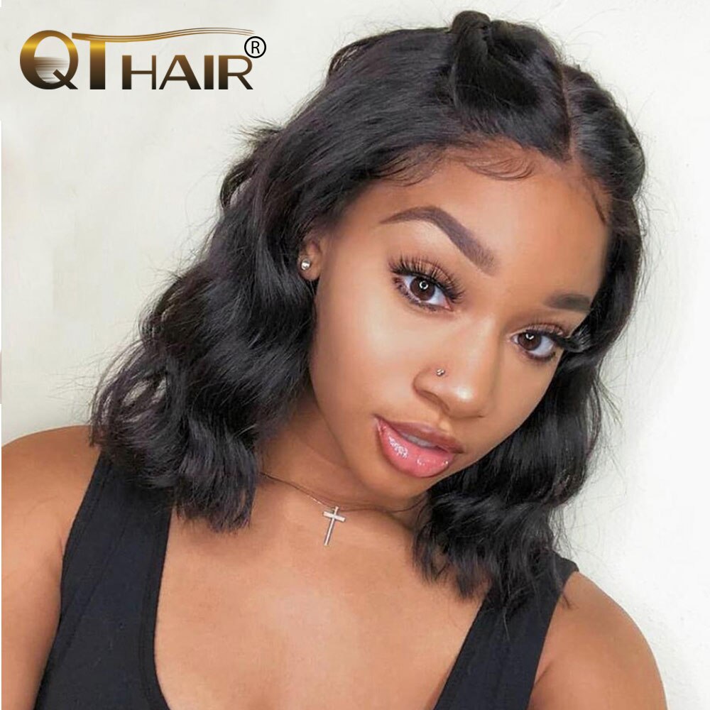 QT HAIR Blunt Cut Bob Wig Brazilian Lace Closure Human Hair Wigs Body Wave Bob Wig For Women Remy T Part Bob Wigs With Baby Hair