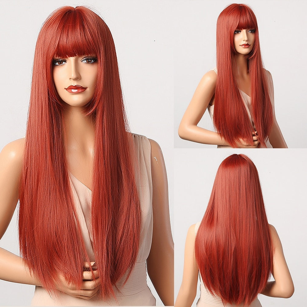 Light Wine Red Synthetic Wigs With Bangs for Women Long Straight Hair Wig Natural Cosplay Party Heat Resistant