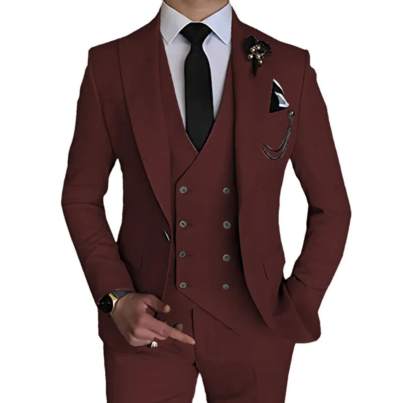 2023 Fashion New Men Leisure Boutique Business Solid Color Wedding Suit Coat Pants Vest 3 Pcs Set Dress Blazers Jacket Trousers