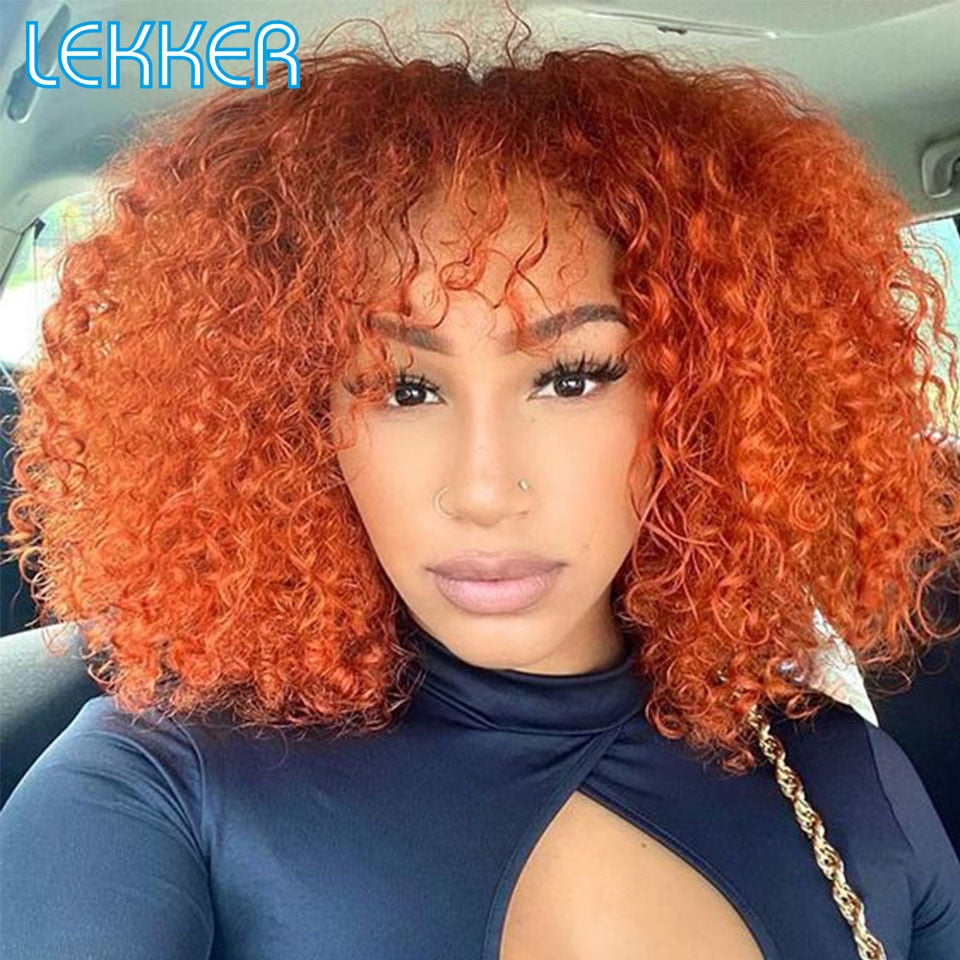 Lekker Colored Short Afro Kinky Curly Bob Human Hair Bangs Wig For Women Brazilian Remy Hair Ombre Brown Loose Deep Wavy Wigs