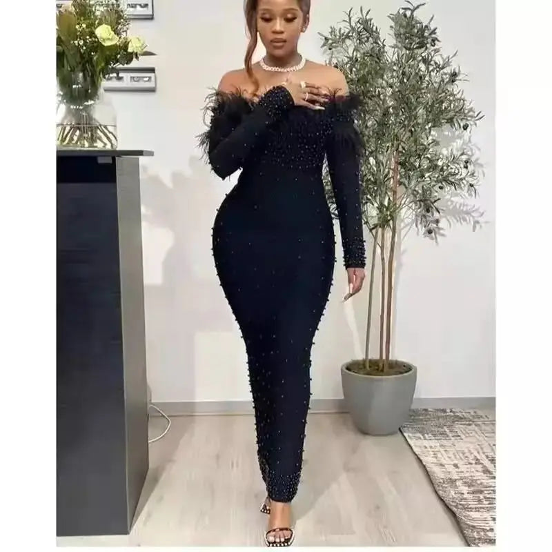 Plus Size Evening Dress Women 2022 New Spring Autumn Elegant Slim Feather Neckline Beaded Skirt Fashion Long Party Female Dress