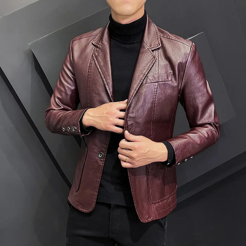 2023 New Autumn Casual Business Windbreaker Lapel Collar Faux Leather Jacket Men Slim High Quality Fashion Male Blazers Coat