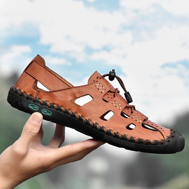 2023 Leather Sandals Men Breathable Summer Shoes Man Waterproof Outdoor Men Sandals Antiskid Beach Sandals Hollow Shoes Footwear