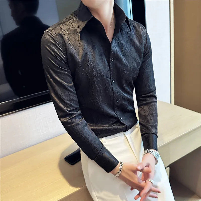 Men Spring High Quality Jacquard Design Casual Long-sleeved Shirts/Male Slim Fit Lapel High Quality Business Shirt Homme