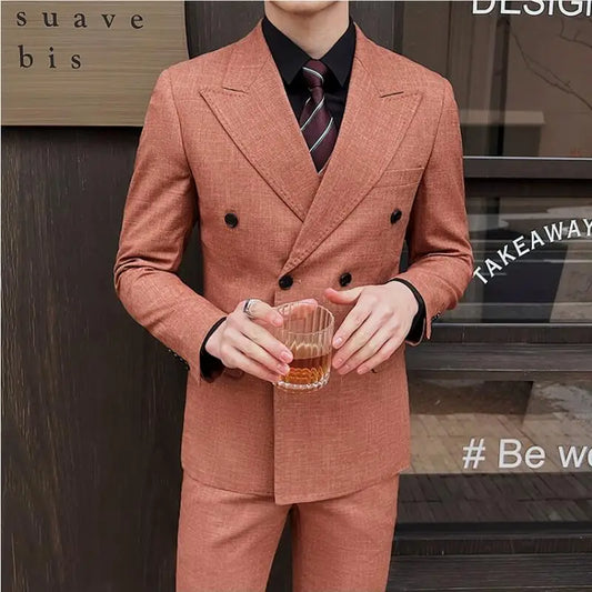 (Jackets+Pants+Vest) High-quality Men's Double Breasted Elegant Fashion Suits 3 Pcs 2024 New Casual Wedding Social Suit Tuxedo