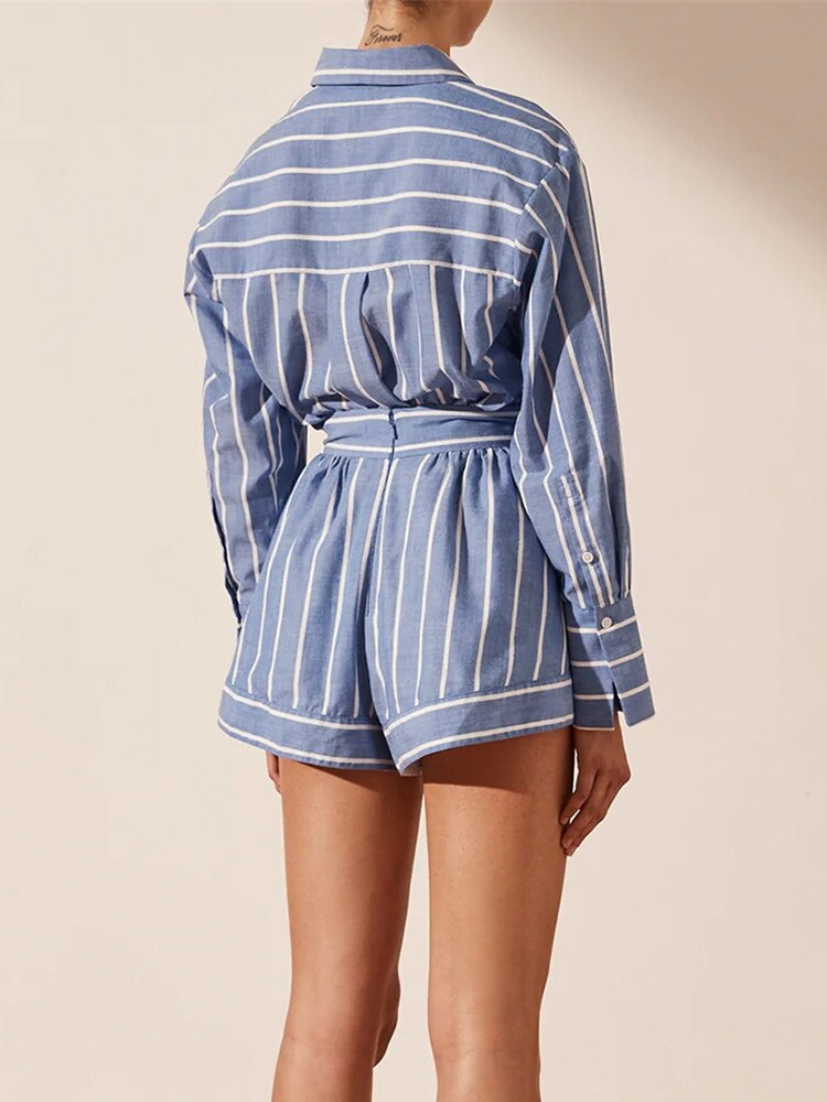 Cotton Striped Blue Shirts Shorts 2 Piece Sets Women Outfit Casual Long Sleeve Button Blouse Zipper Shorts Sets Suit Fashion