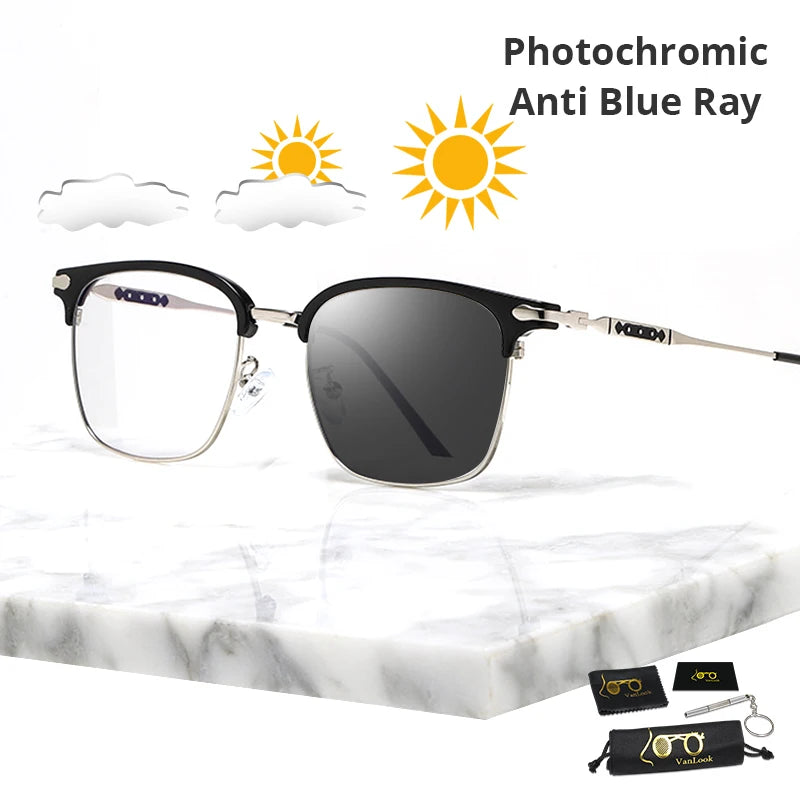 Photochromic Sunglasses Men Anti Blue Ray Computer Glasses Women Square TR90 Metal Spectacle Frame Protective UV Chameleon Lens