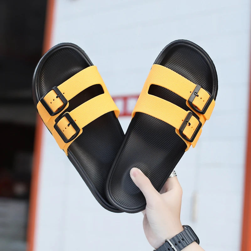 Leather Suede Sole Men Cork Slippers Summer Casual Double Buckle Non-slip Clogs Slides Women Slip on Flip Flop Men Shoes Unisex