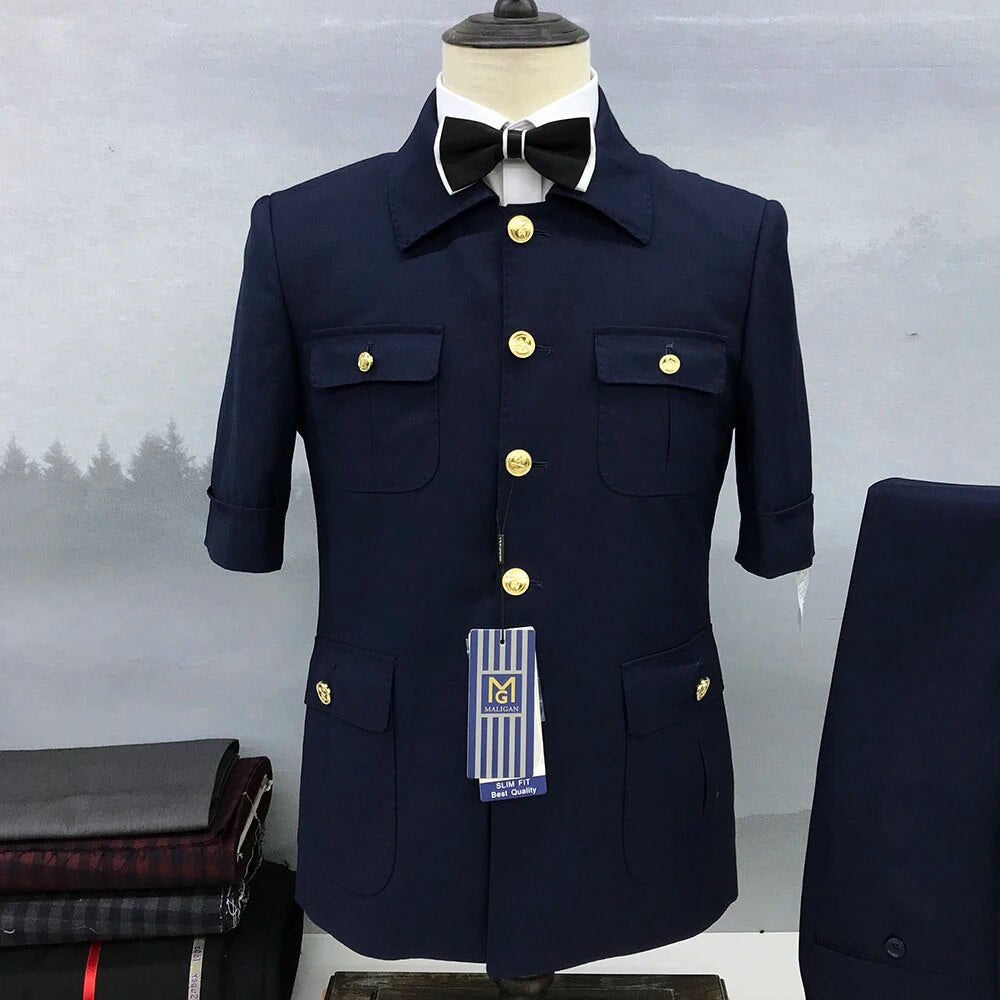 Summer Blazer Men's Suit Short Sleeve Gold Button Single Breasted Stand Lapel Navy Blue Jacket Pants Fashion Coat Slim Fit 2023