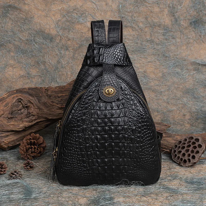 Crocodile Pattern Genuine Leather Backpack Women Classic Woman's Real Cow Leather Backpacks Retro Ladies Double Shoulder Bag