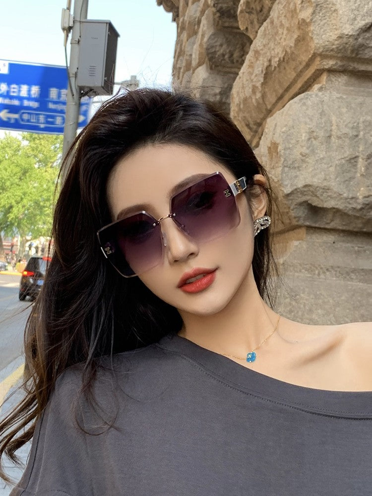 Rimless Sunglasses Women's Square Slim Looking 2023 New Sunscreen Sun-Proof Korean Ins Internet Celebrity Fancy Sunglasses